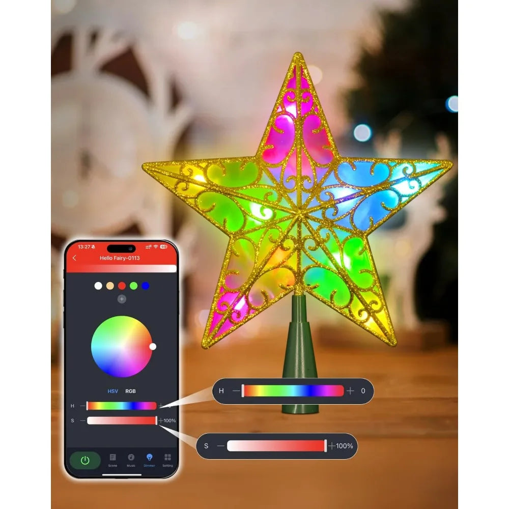 9" Christmas Tree Toppers Star with Smart APP Control 3D Gold Tree Topper for DIY, Dimming, Music, Timer, LED Multicolor Christm