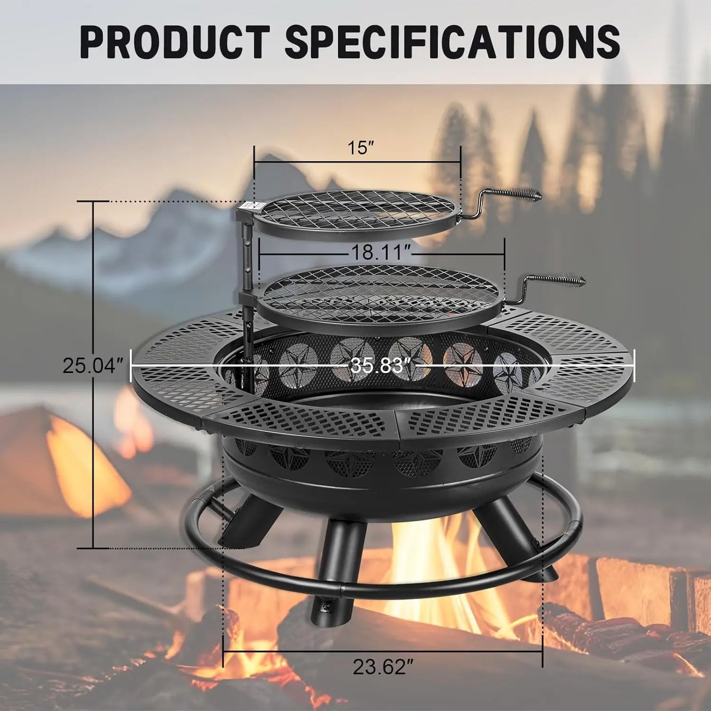36” Outdoor Fire Pit with Dual Cooking Grills – Wood Burning Backyard & Camping Fire Pit
