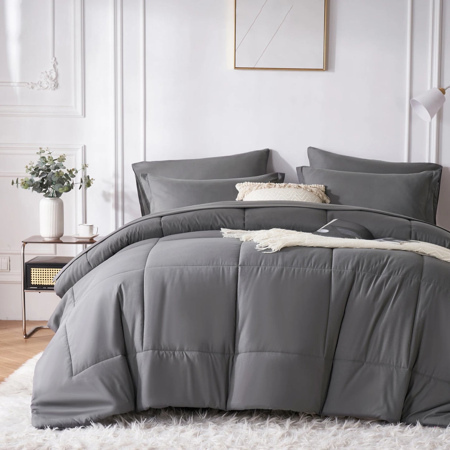 7 Piece Bed In A Bag Comforter Set Queen, Stylish solid geometry Comforter And Sheet,Pillowcase Set, ideal gift