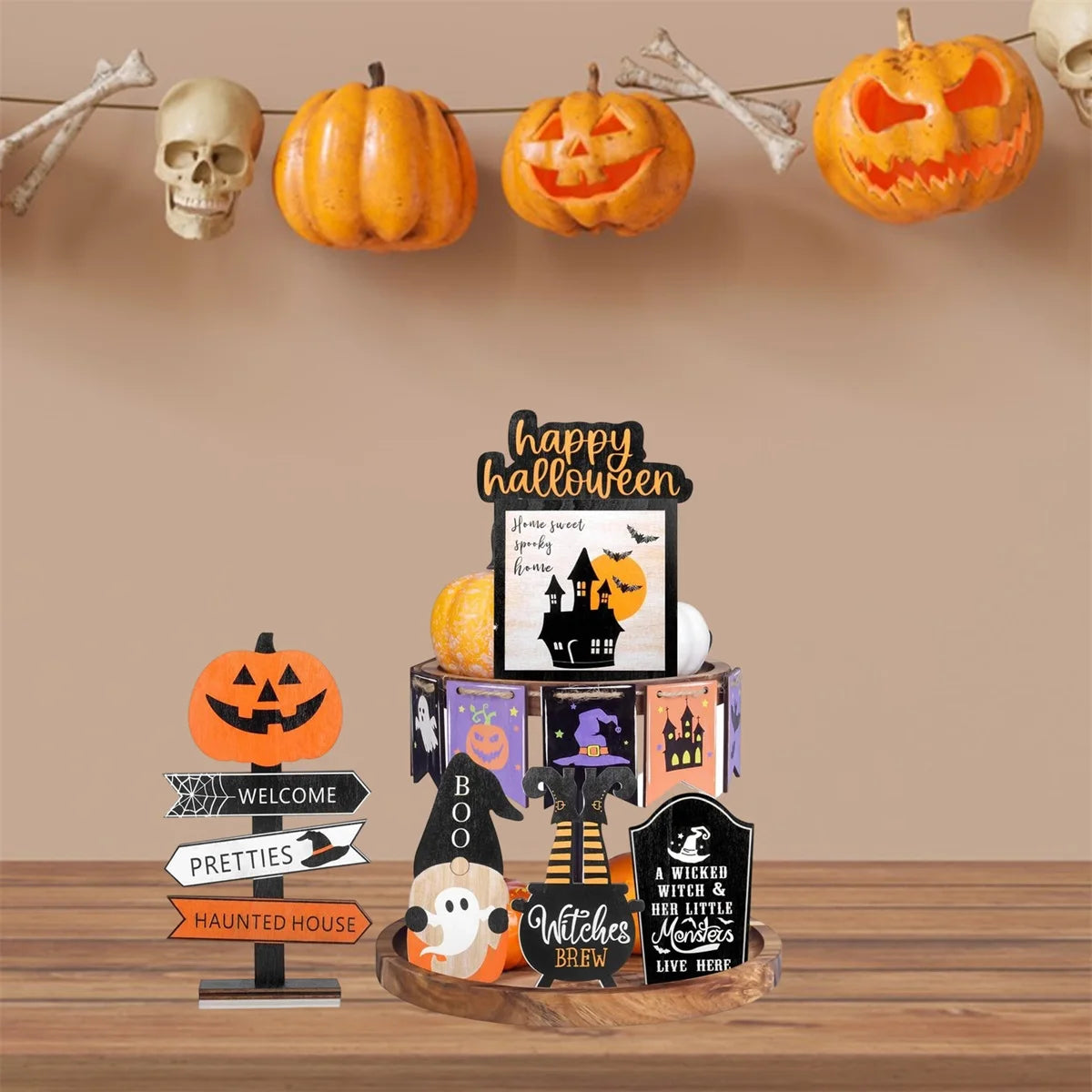 Spooky Halloween Tiered Tray Decor Set With Wooden Pumpkin
