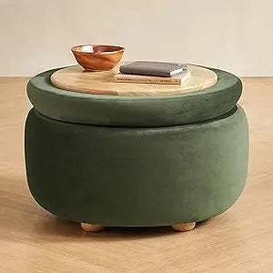 Luna Round Ottoman with Storage and Tray, Round Coffee Table with Storage, Upholstered Foot Stools Ottoman for Living Room, Bed