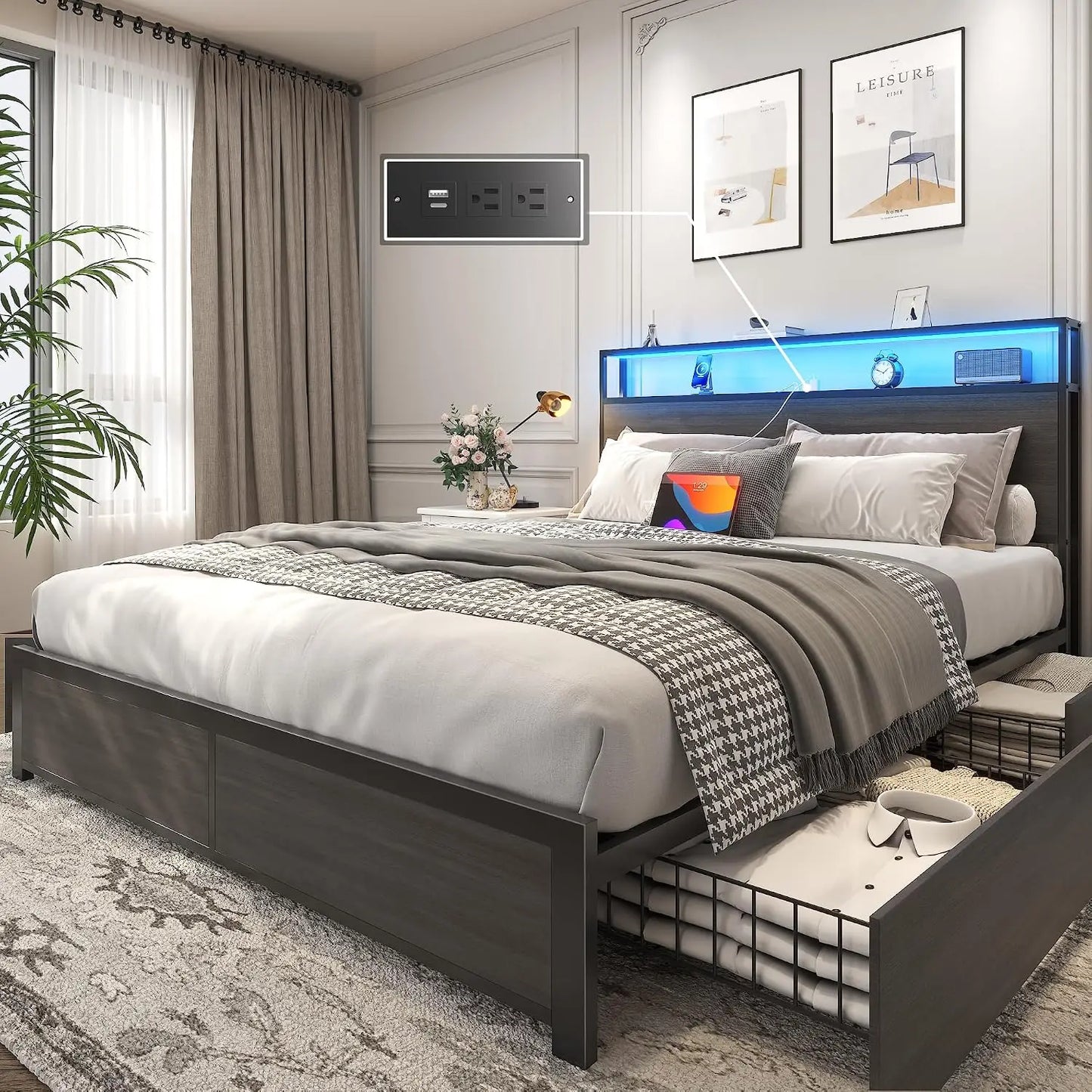 Queen Bed Frame with LED Lights, Charging Station & Storage Headboard