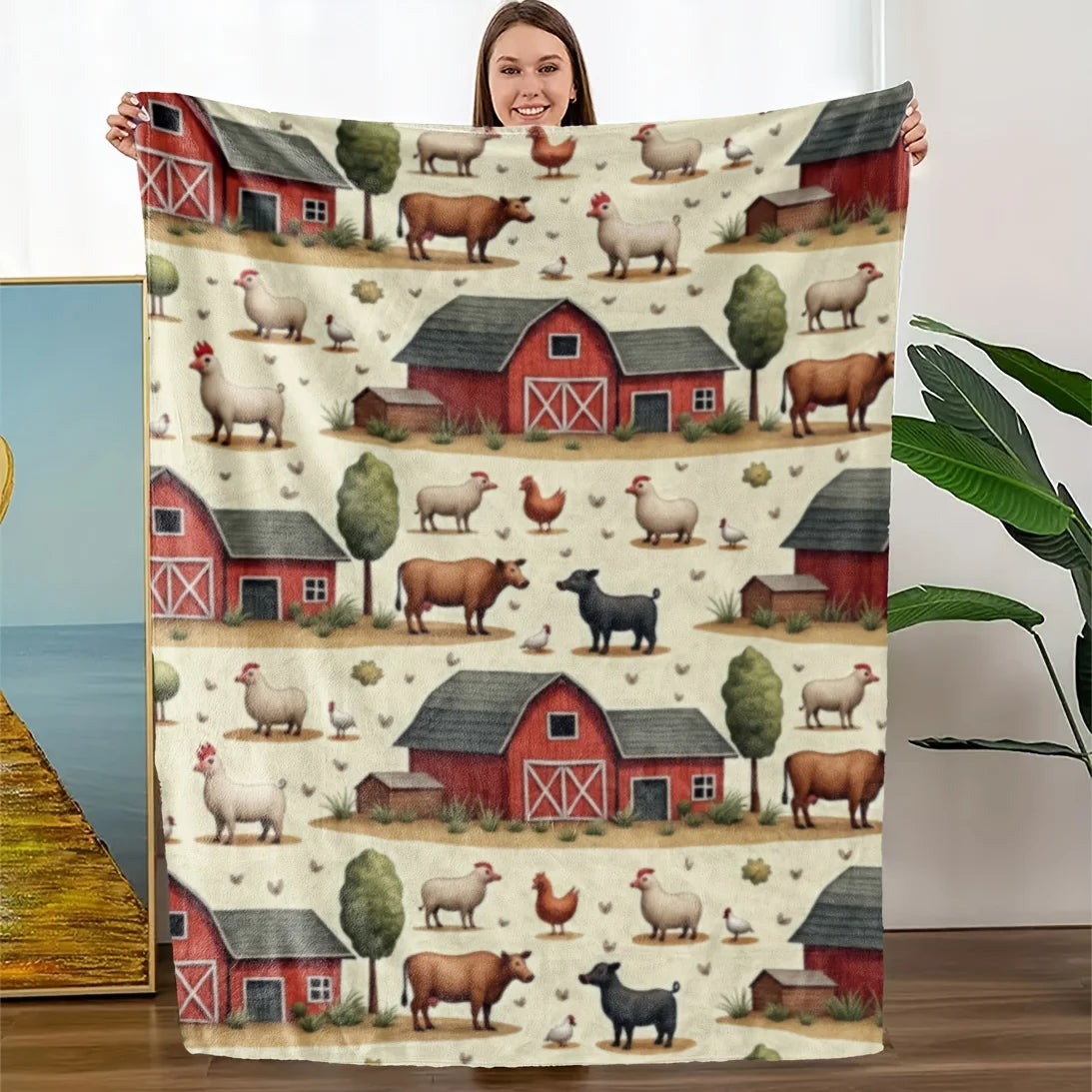 Farmhouse Country Animal Throw Blanket. Cozy Rustic Barn Print Flannel Blanket