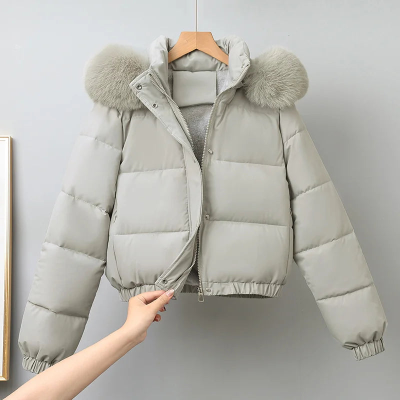 Women's Short Hooded Puffer Jacket. Cotton-Padded Winter Parka with Faux Fur Trim