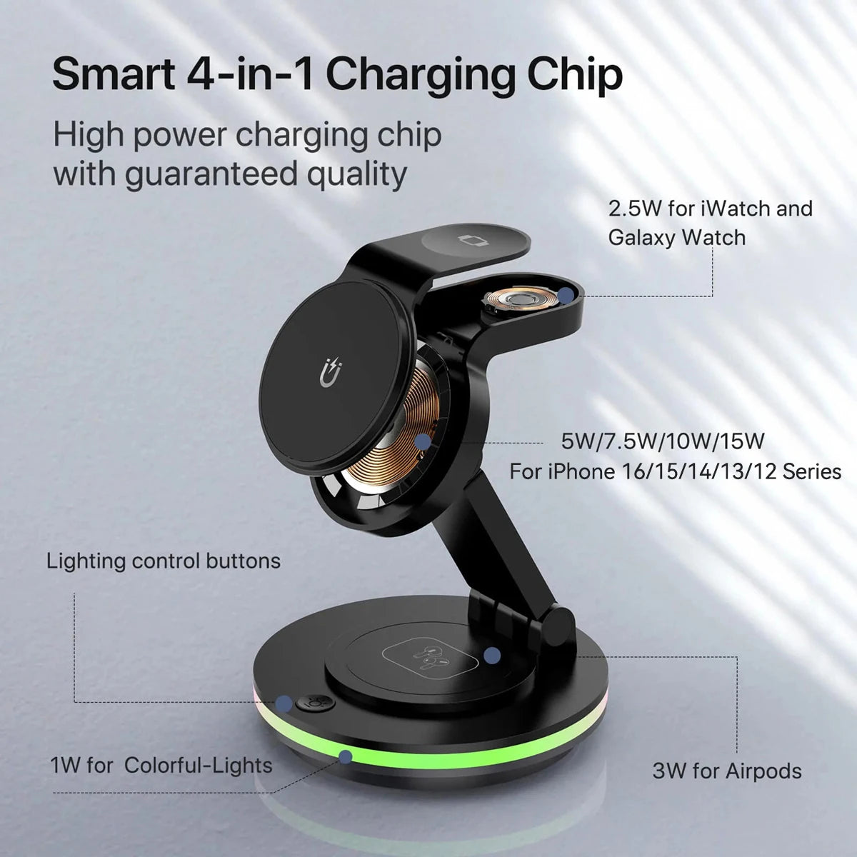 4 in 1 Wireless Charging Station For iPhone 16 15 14 13 12 For MagSafe Magnetic Charger Rotatable Holder Dock With Ambient Light