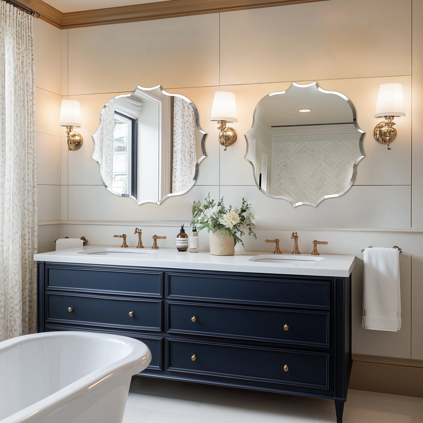 Wisfor Scalloped Edge Beveled Frameless Bathroom Wall Mirror for Living romm, Bedroom, Entrance