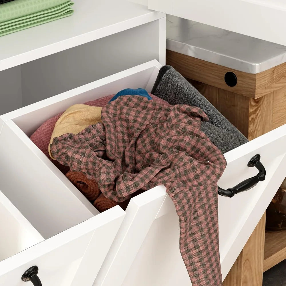 Tall Bathroom Storage Cabinet with Shelves and Tilt-Out Laundry Hampers, Freestanding Floor Cabinet for Living Room, Bedroom &