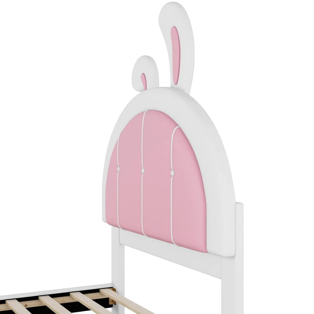 Upholstered Twin Platform Bed with Bunny Headboard Low Profile Kids Bed Easy Assembly Solid Wood Fun Design