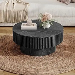 Round Coffee Table, Modern Black Side Table End Table for Living Room, Wood Circle Drum Coffee Table with Handcrafted Relief,