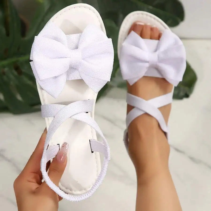 Plus Size Round Toe Criss Cross Bow Flat Sandals, Elastic Open Toe Beach Slippers Summer Casual Wear