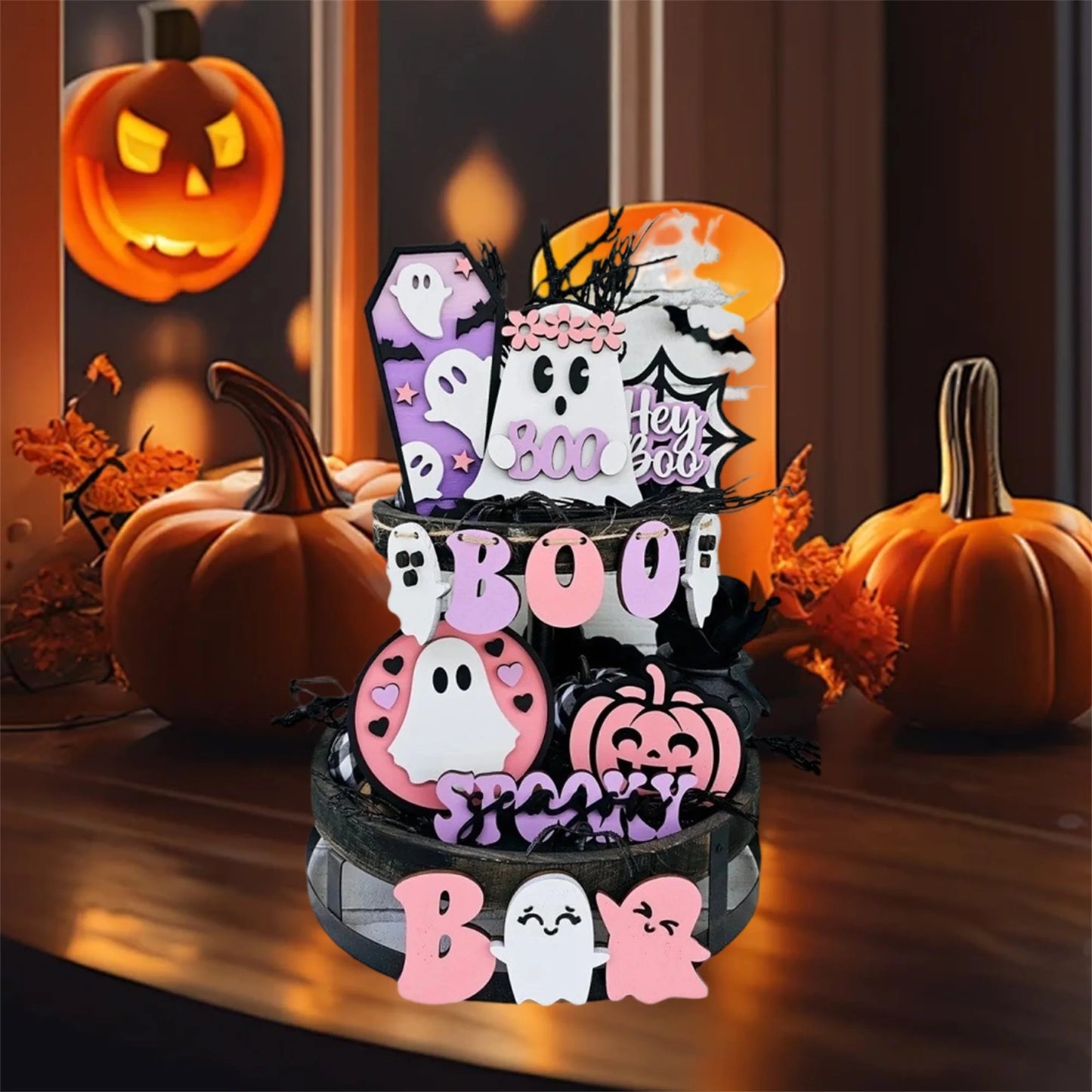 Halloween Party Decor Set 14Pcs Ghost Pumpkin Wooden Signs