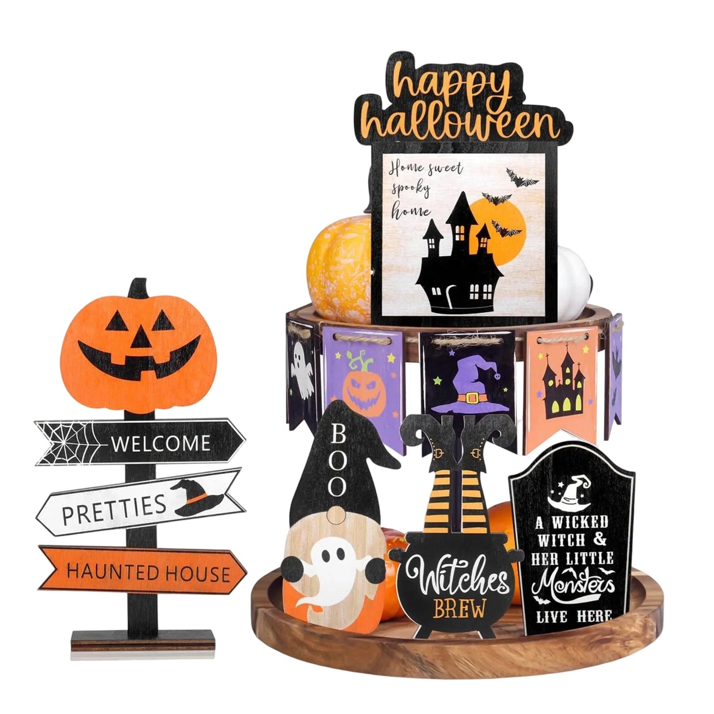 Spooky Halloween Tiered Tray Decor Set With Wooden Pumpkin