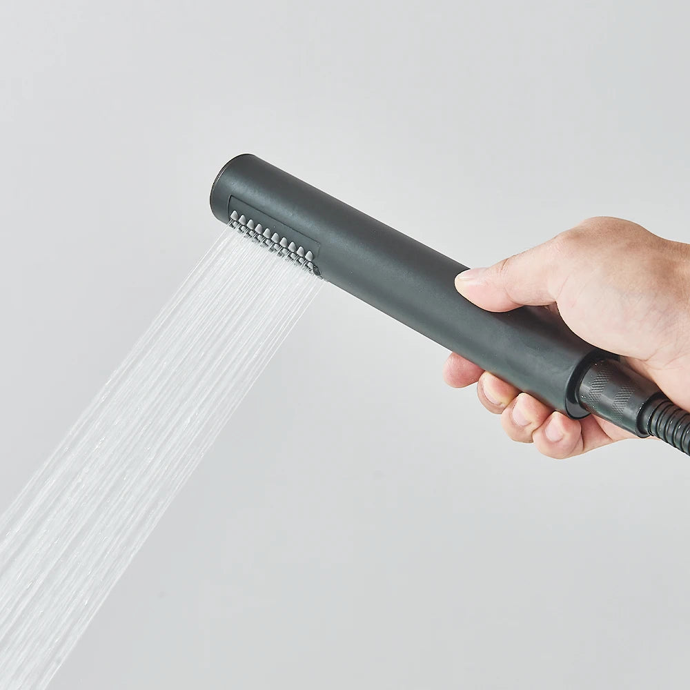 Black Floor Mounted Bathtub Faucet Hand Shower Hot Cold