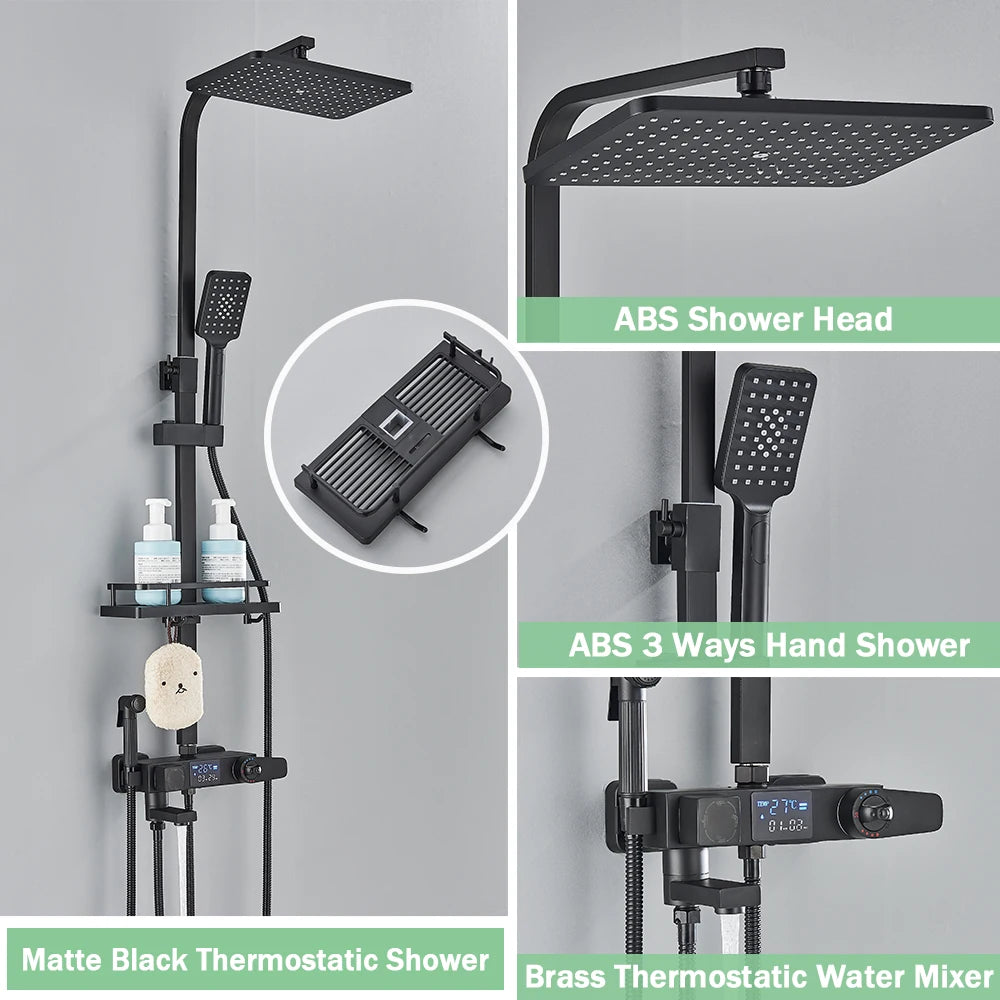 Black Digital Display Thermostatic Shower Faucet 4 Way