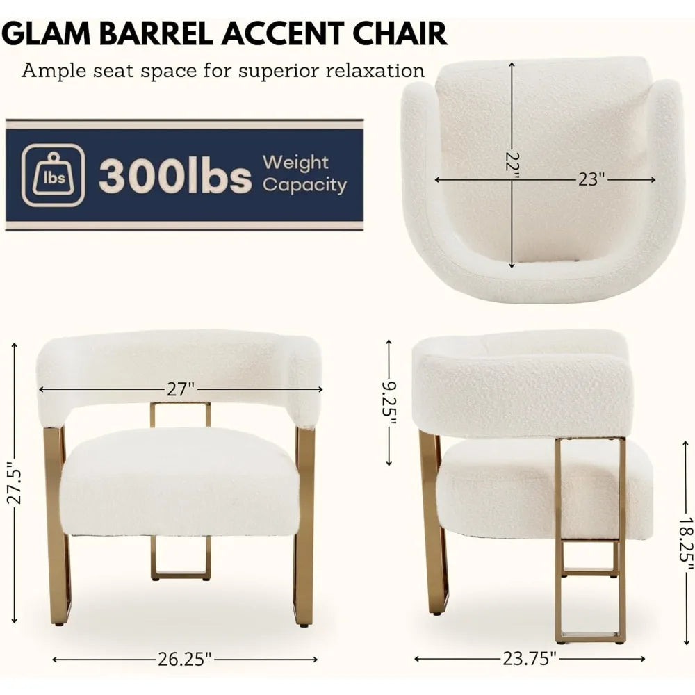 Modern Boucle Accent Chairs Set of 2, White Upholstered Barrel Armchair Living Room Chair with Gold Metal Legs Comfy Corner Sofa