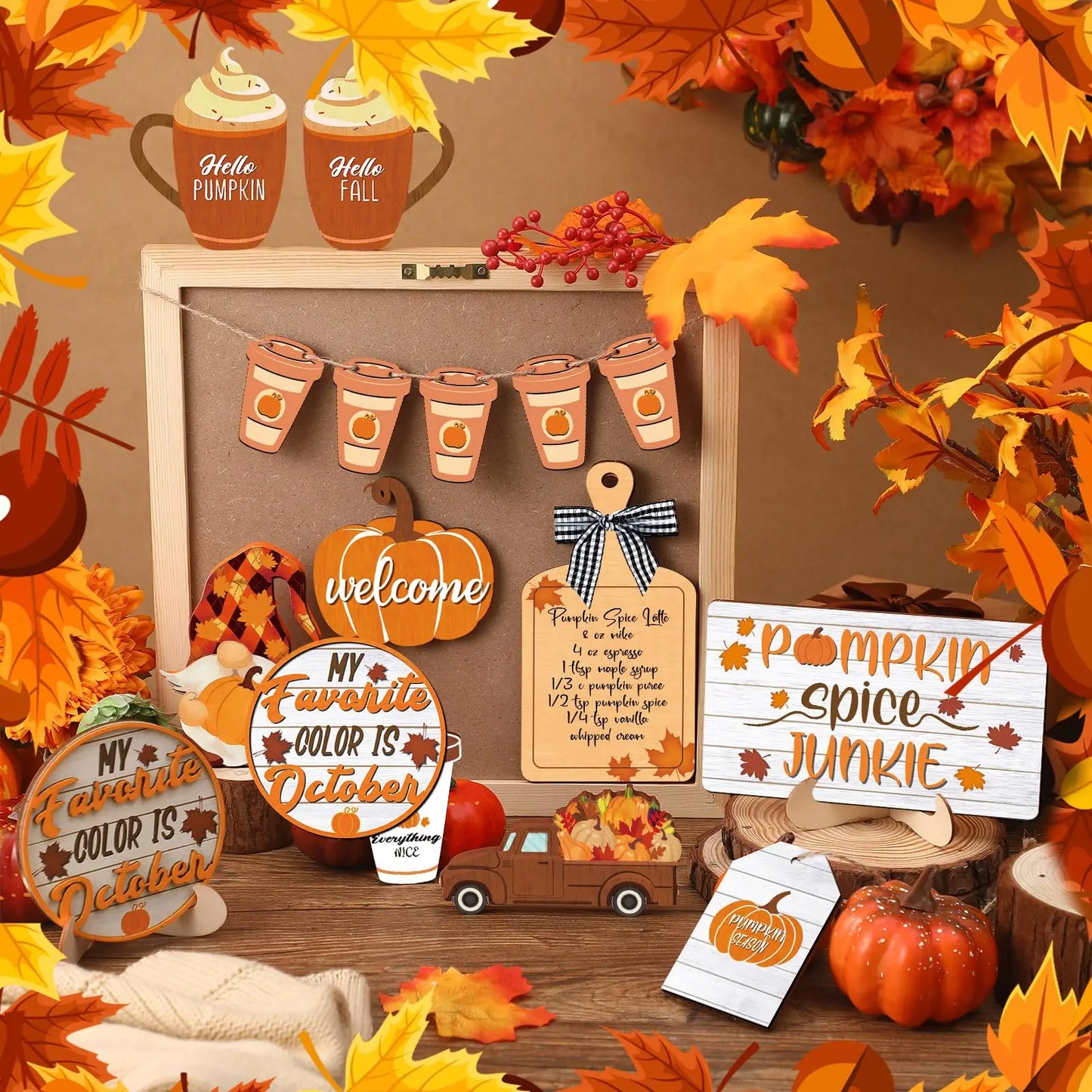 15 Pcs Fall Tiered Tray Decor Set Fall Thanksgiving Pumpkin Table Decor Drinking Coffee Rustic Farmhouse Coffe Truck Spice Block Autumn Wooden Tabletop Sign for Thanksgiving Day Home Office