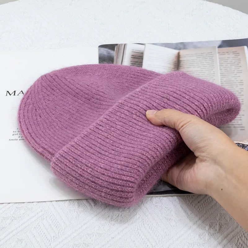 Warm Cashmere Wool Beanie For Women Rabbit Fur Threefold Cap