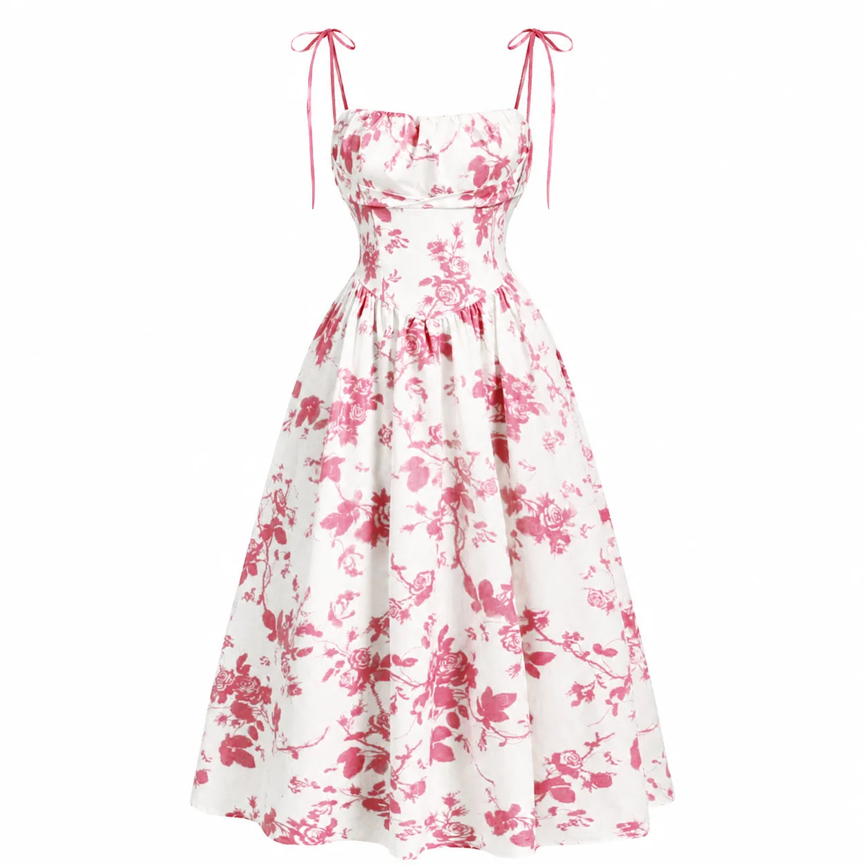 Women’s Floral Tie Shoulder Midi Dress | Square Neck Smocked Back A-Line Summer Sundress