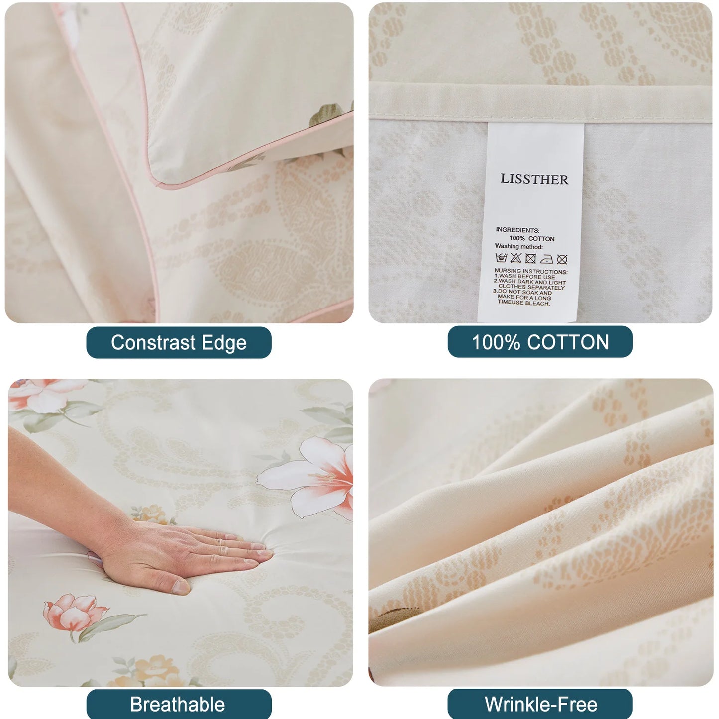 3pcs 600TC 100% Egyptian Cotton Duvet Cover Set, Pink Blooming Rose Pattern, Soft Skin-Friendly (No Inserts)