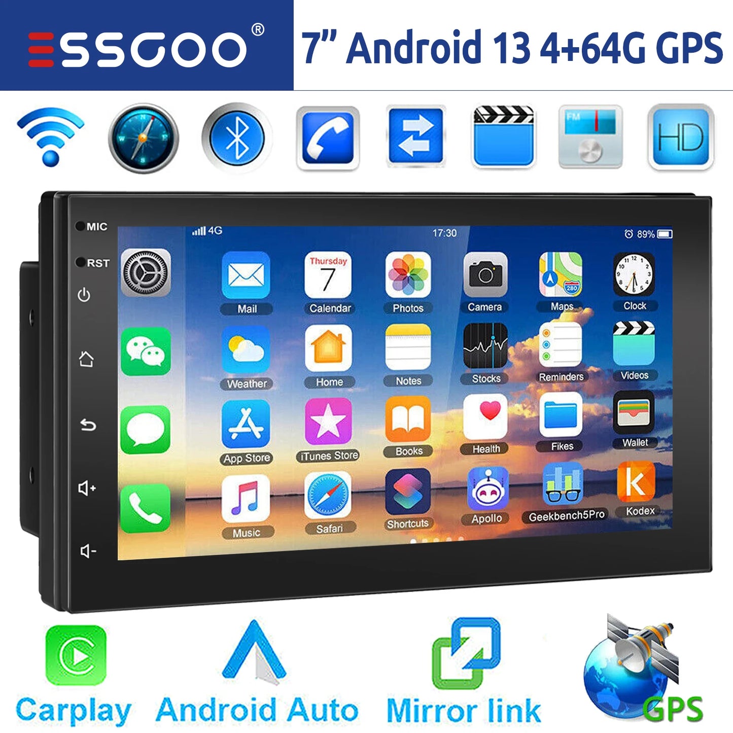 ESSGOO Android 14 Car Stereo . 7”/9”/10” Touchscreen with Wireless CarPlay, Android Auto, GPS Navigation & Bluetooth