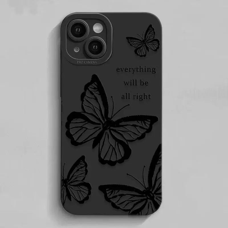 Minimalist Butterfly iPhone Case . Matte Black Aesthetic Protective Phone Cover (iPhone 11–17 Series