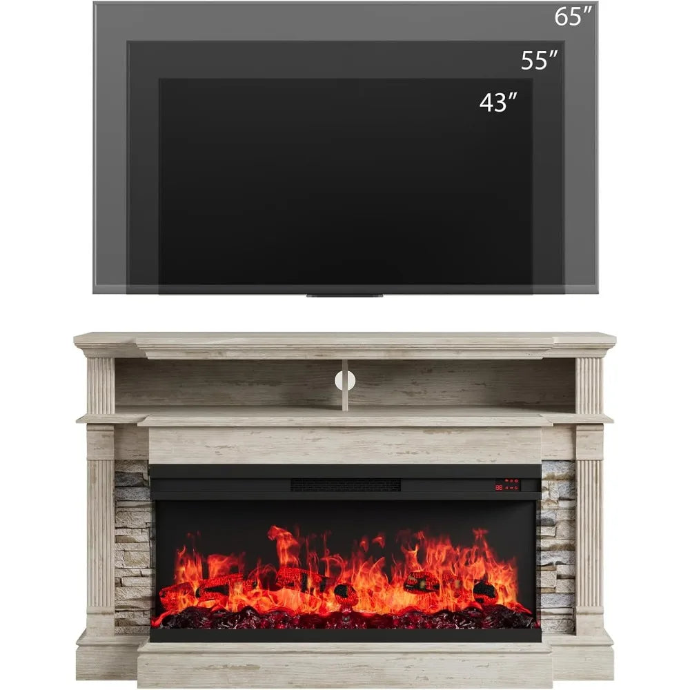 Fireplace TV Stand for TVs up to 65", Farmhouse 52"Fireplace Entertainment Center with 36" 3-Side Glass Electric Fireplace, TV C