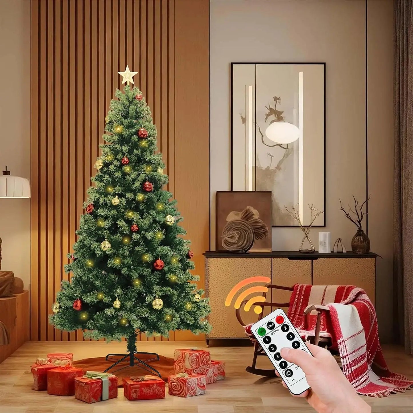 6FT/7FT Pre-Lit Artificial Christmas Tree with Remote Control . Realistic Green Holiday Tree for Home, Office & Seasonal Decor