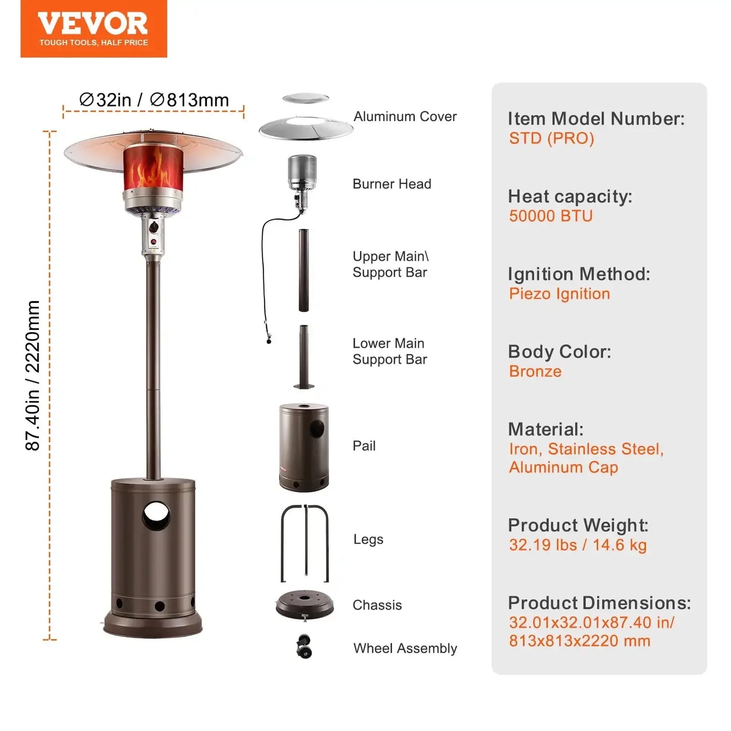 Propane Patio Heater 50000BTU Tall Hammered w/Round Table Outdoor Bronze
