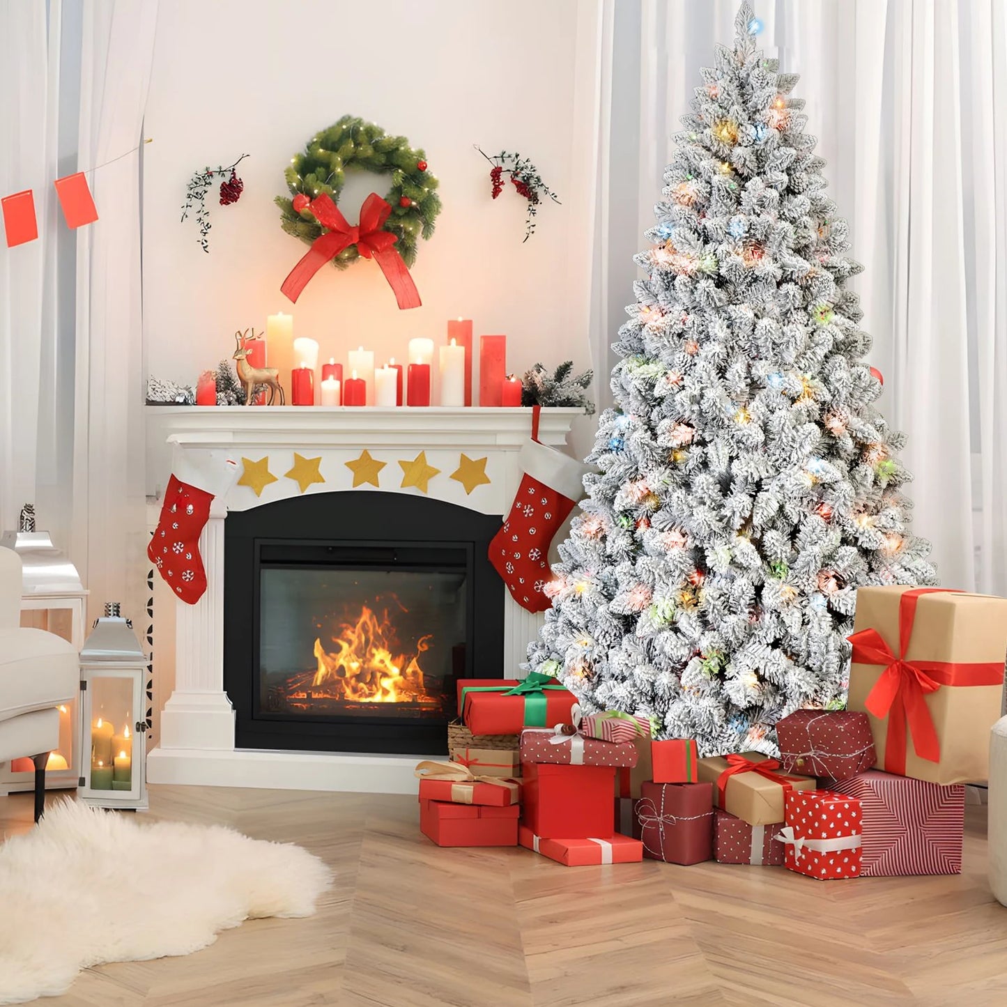 FT Pre-Lit Snow-Flocked Artificial Christmas Tree .Premium Mixed PVC Branches with Warm Holiday Lighting