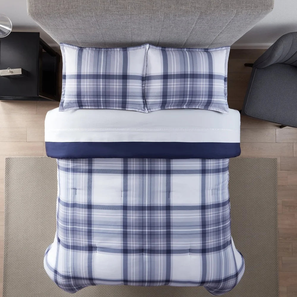 7-Piece Full Bedding Set Antimicrobial Stain Resistant Hypoallergenic Polyester Blue Plaid Bed-in-a-Bag Comforter Sheet