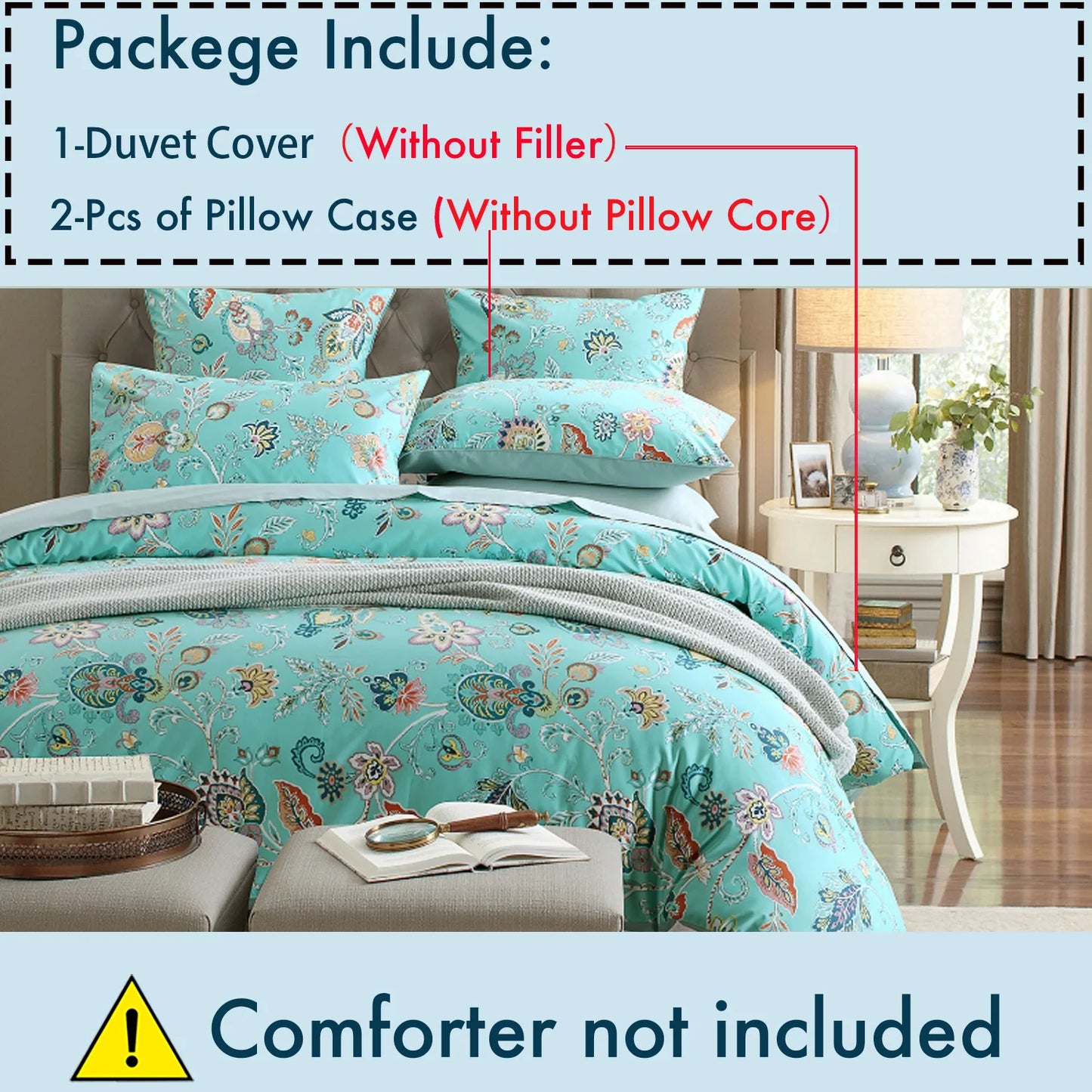 3pcs 600TC 100% Egyptian Cotton Duvet Cover Set, Vintage Cyan Paisley Floral, Soft Breathable Skin-Friendly (No Inserts)