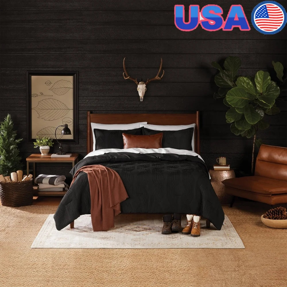 Black Jacquard Comforter Set 5 Piece Full Queen with Shams