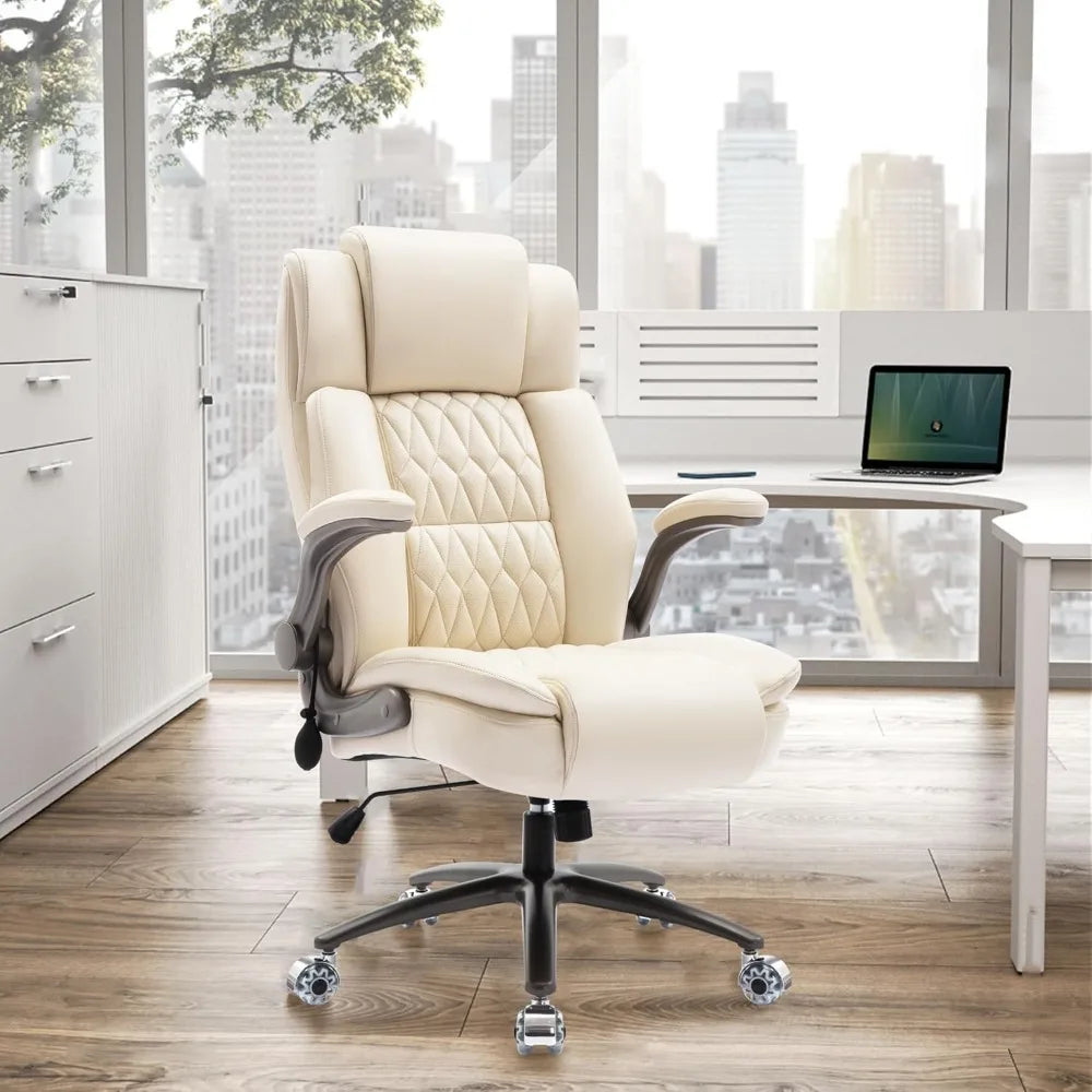 Large High Back Office Chair - Adjustable Lumbar Support Flip Up Arms Heavy Duty Quiet Wheels Metal Base Breathable Bonded Leath