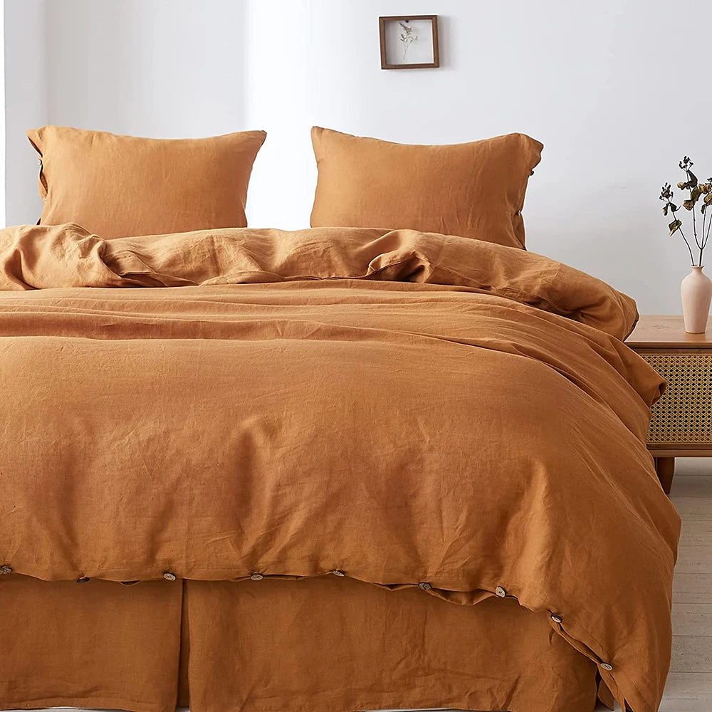Simple&Opulence 100% Linen 3Pcs Bedding Set Natural Flax Breathable King Size with Coconut Button Comforter Duvet Cover Set