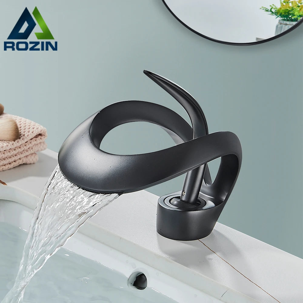 Rozin Black Basin Faucet Deck Mount Waterfall Mixer Tap