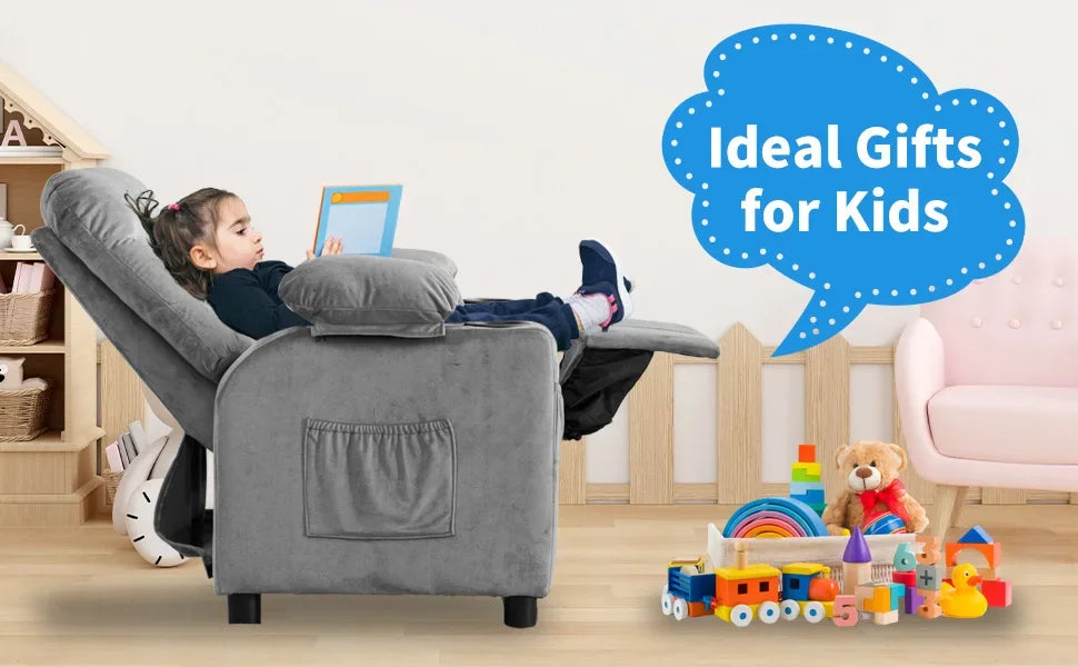 Toddlers Kids Recliner Chair Ergonomic Adjustable Chair Footrest & Side Pockets Baby Sofa for Boys and Girls Bedroom (Gray)