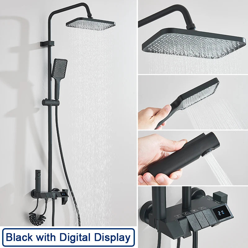 Rozin Black Smart Digital Display Shower Faucet Set Piano