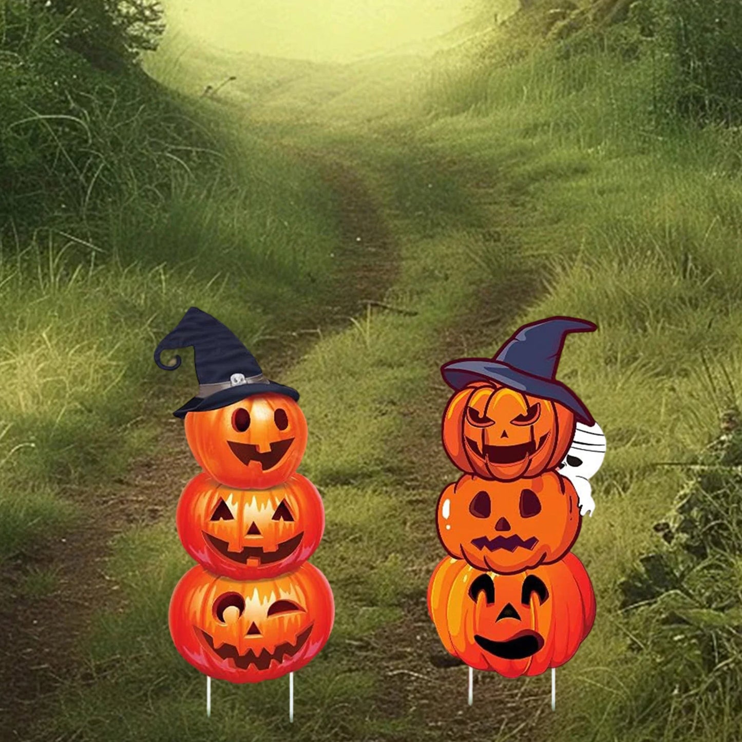 Halloween Pumpkin Stack Yard Signs With Witch Hats Set Of 2