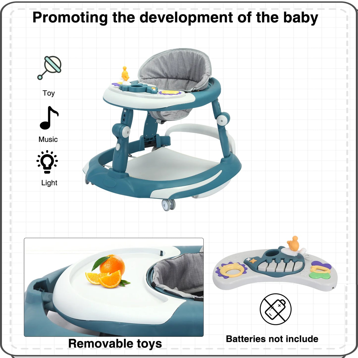 UBRAVOO Foldable Baby Walker with O-shaped legs & multi-function Rollover prevention, 6-18 Months, Adjustable Height, Music Toy