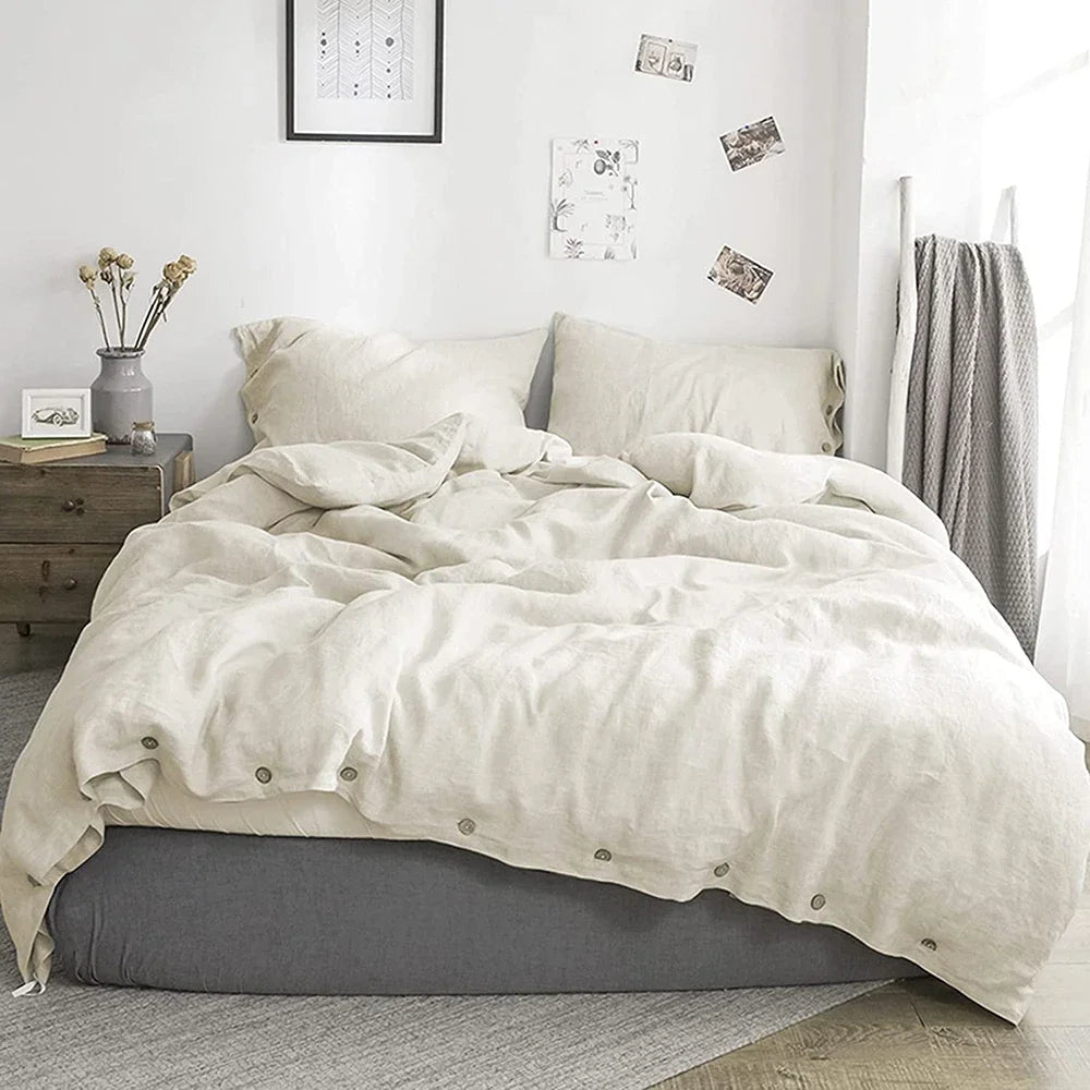 Simple&Opulence 100% Linen 3Pcs Bedding Set Natural Flax Breathable King Size with Coconut Button Comforter Duvet Cover Set