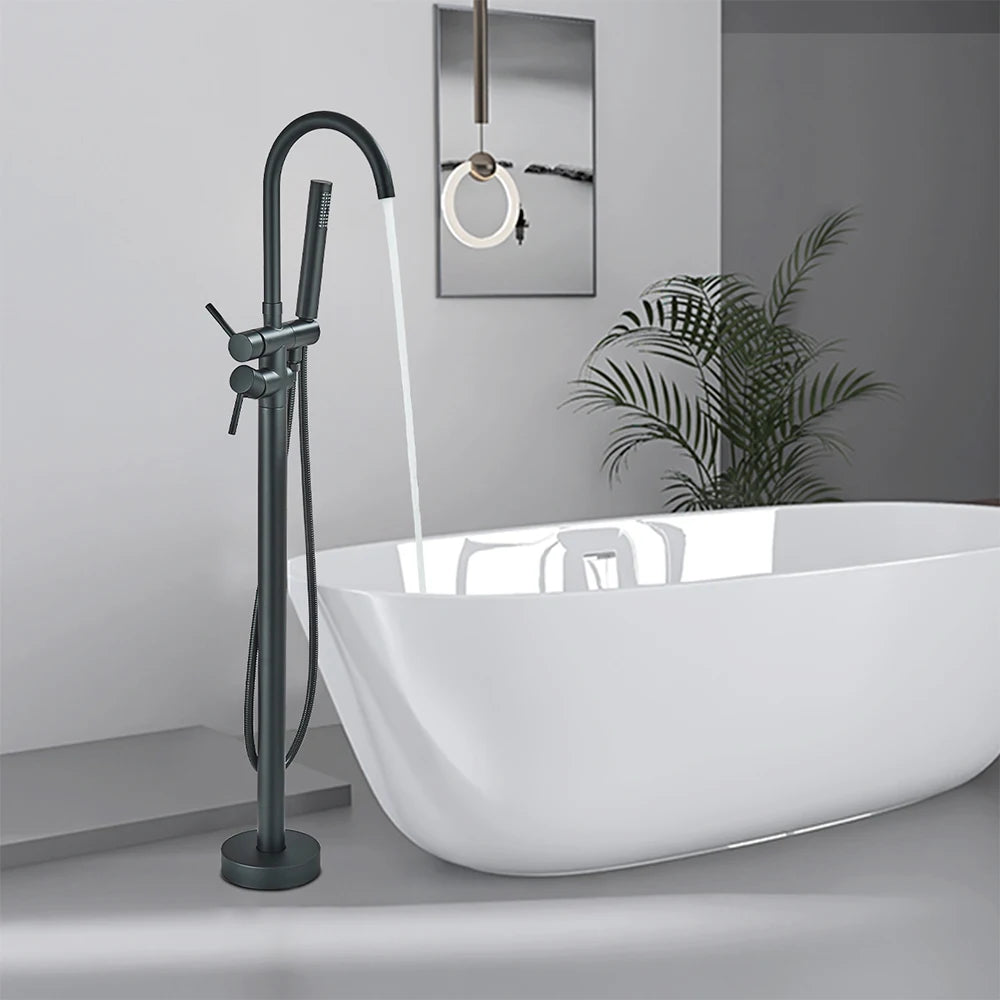 Black Bathtub Faucet Hand Shower Hot Cold Floor Mounted