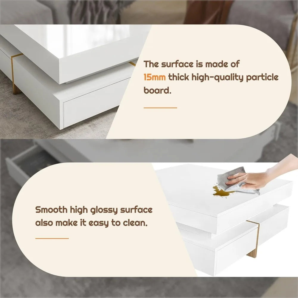 Modern Coffee Table with Storage, Contemporary Square Coffee Table with Drawers, High Gloss Modern Center Table for Living Room,