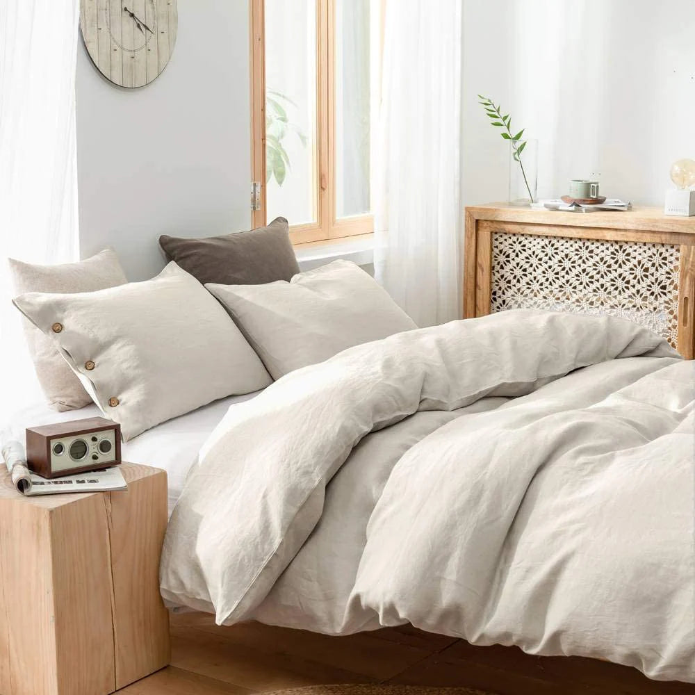 Simple&Opulence 100% Linen 3Pcs Bedding Set Natural Flax Breathable King Size with Coconut Button Comforter Duvet Cover Set