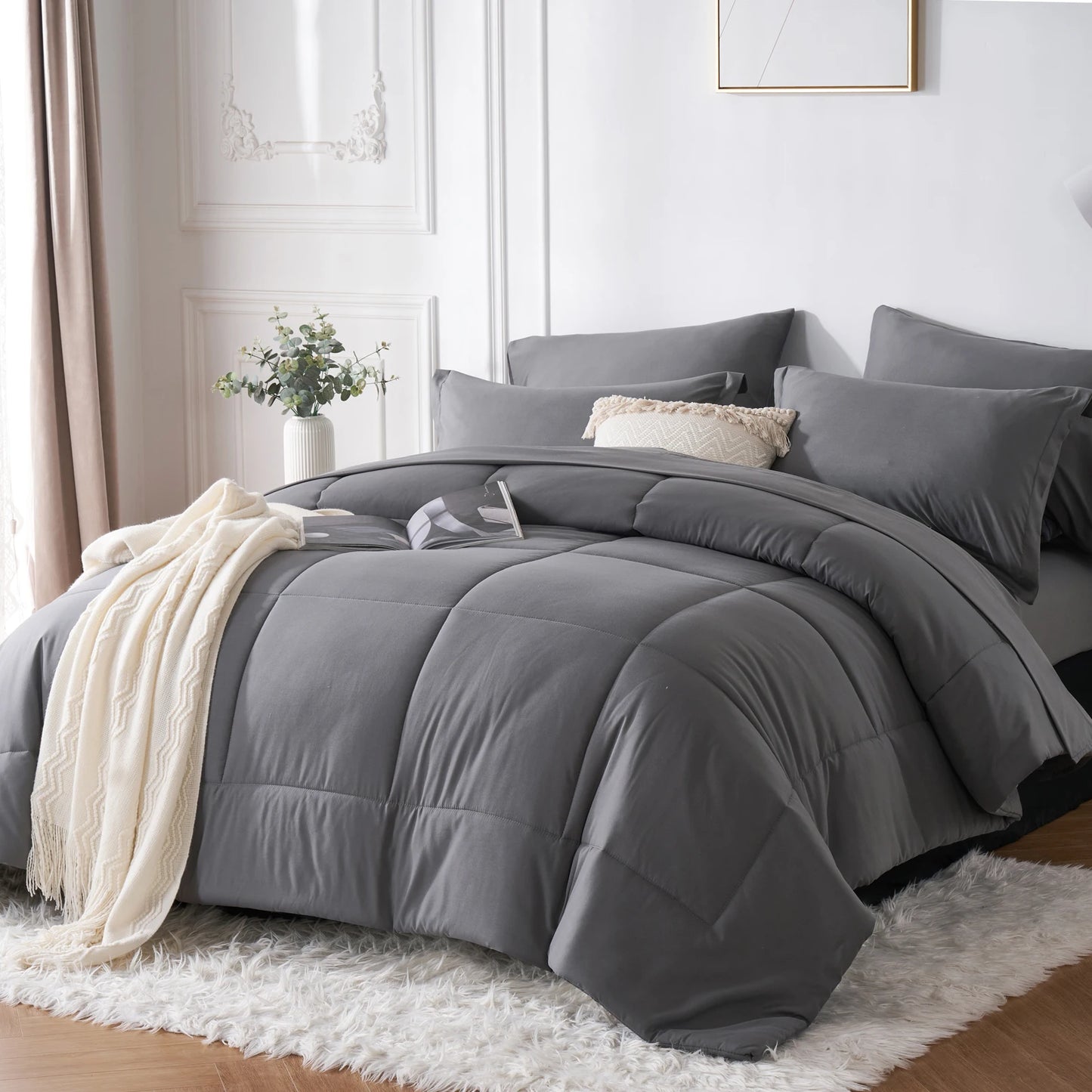 7 Piece Bed In A Bag Comforter Set Queen, Stylish solid geometry Comforter And Sheet,Pillowcase Set, ideal gift