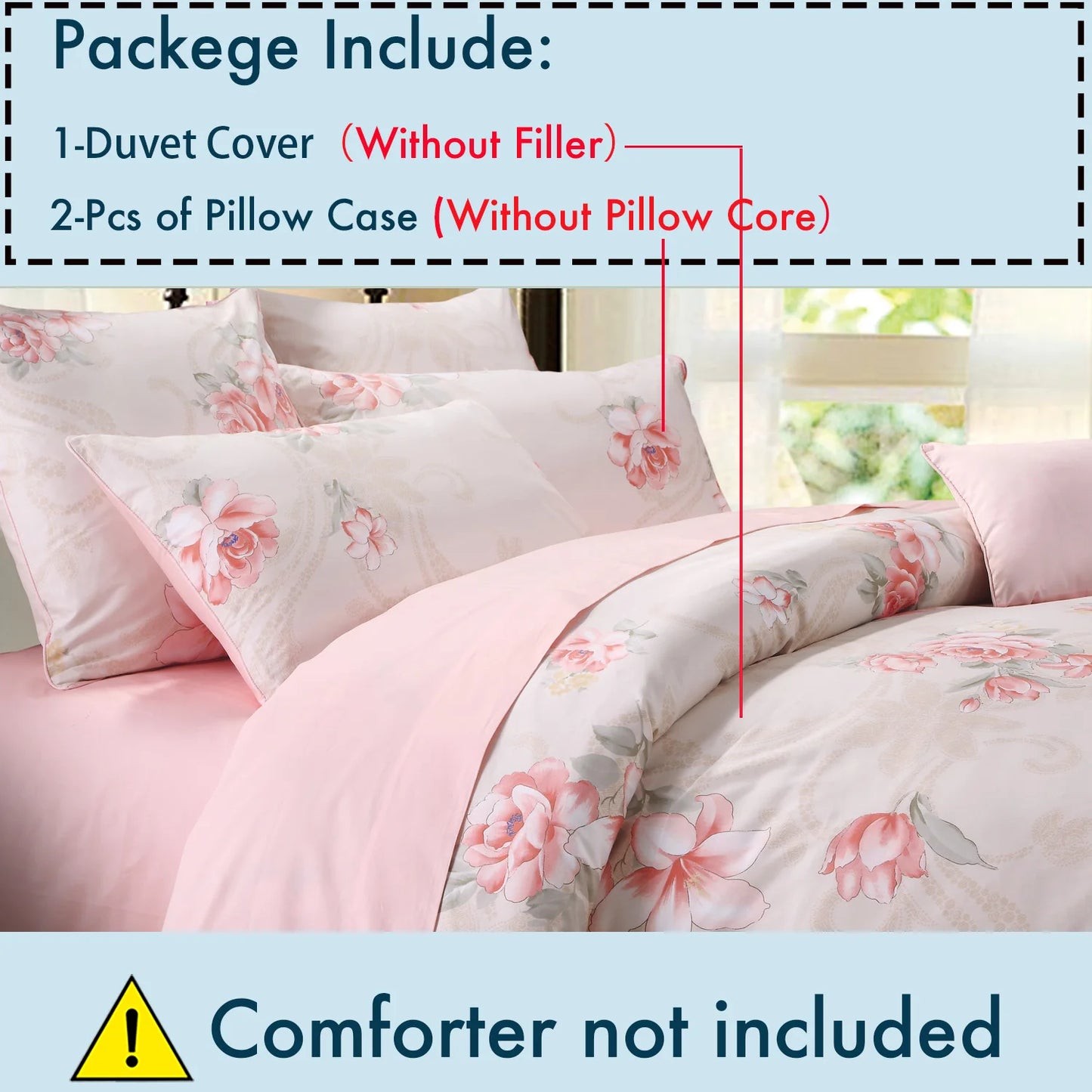 3pcs 600TC 100% Egyptian Cotton Duvet Cover Set, Pink Blooming Rose Pattern, Soft Skin-Friendly (No Inserts)