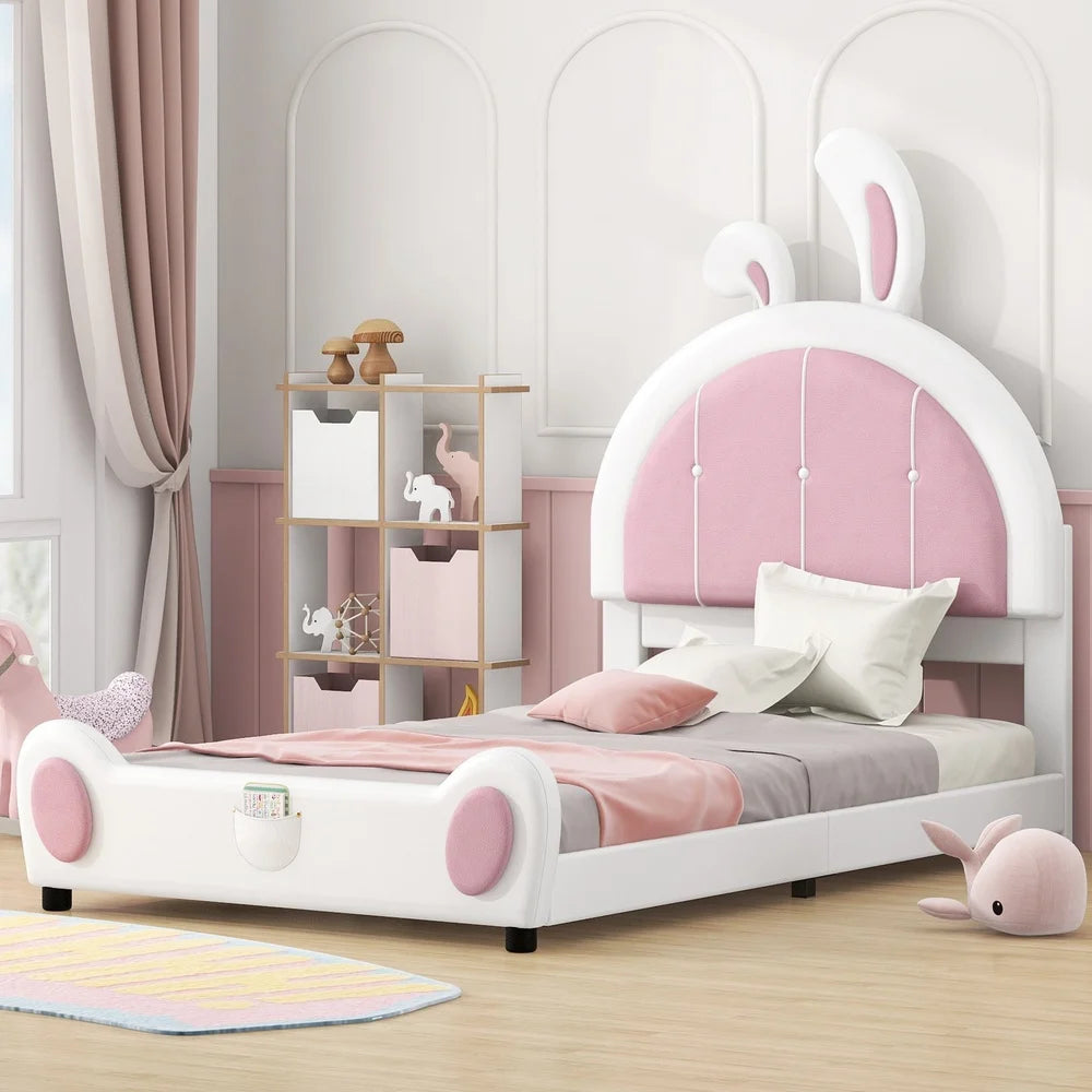 Upholstered Twin Platform Bed with Bunny Headboard Low Profile Kids Bed Easy Assembly Solid Wood Fun Design