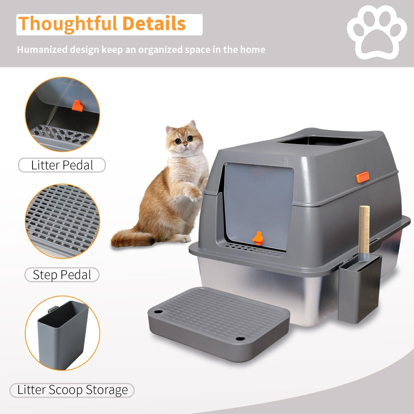 Enclosed Stainless Steel Cat Litter Box with Lid for Extra Large Cats Kitty Semi-open Design