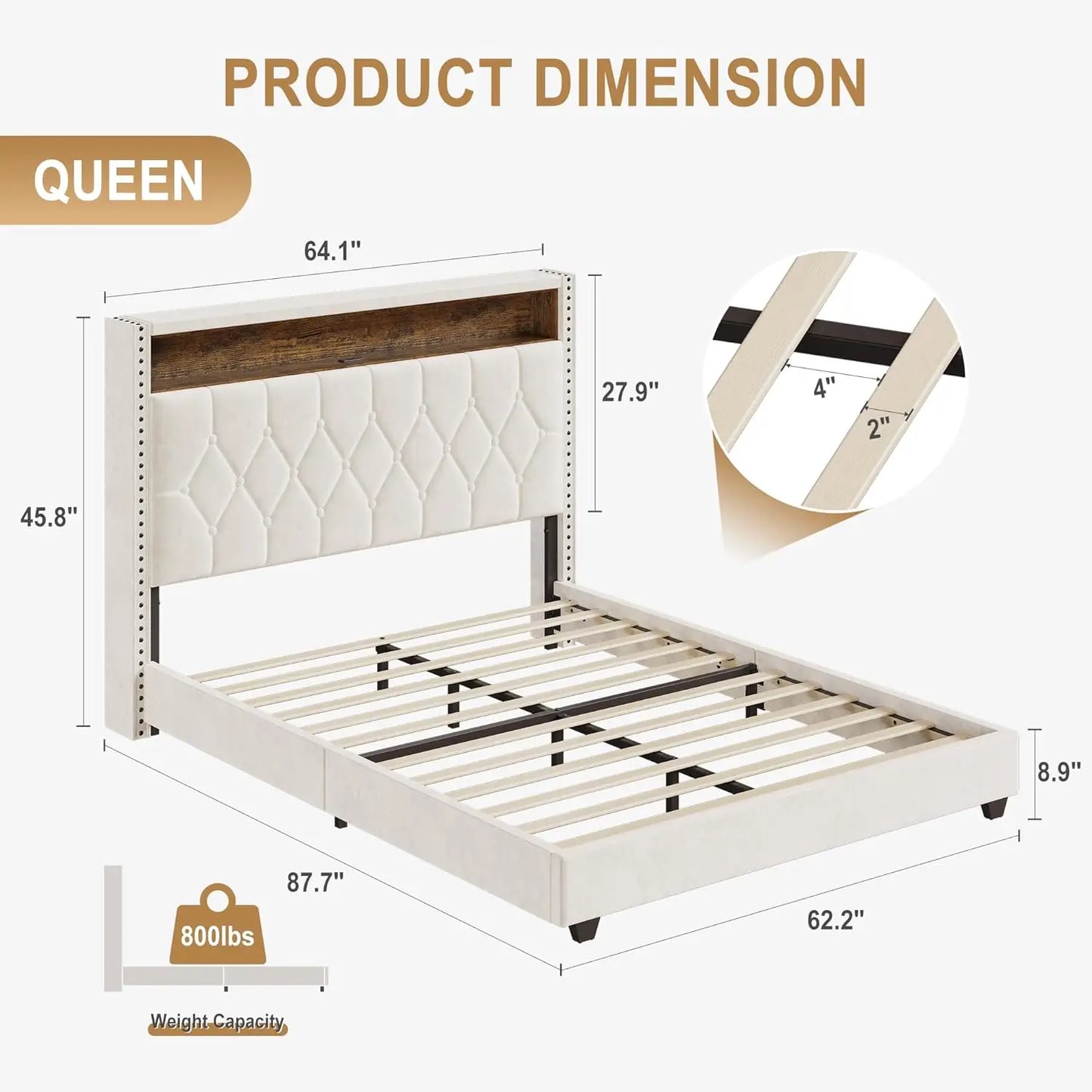 Bed Frame with Headboard and LED Lights Upholstered Platform Bedframe with Charging Station No Box Spring Needed Easy Assembly W