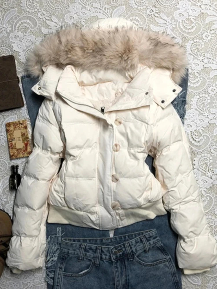 Women's Hooded Faux Fur Trim Winter Parka . Warm Padded Coat with Pockets