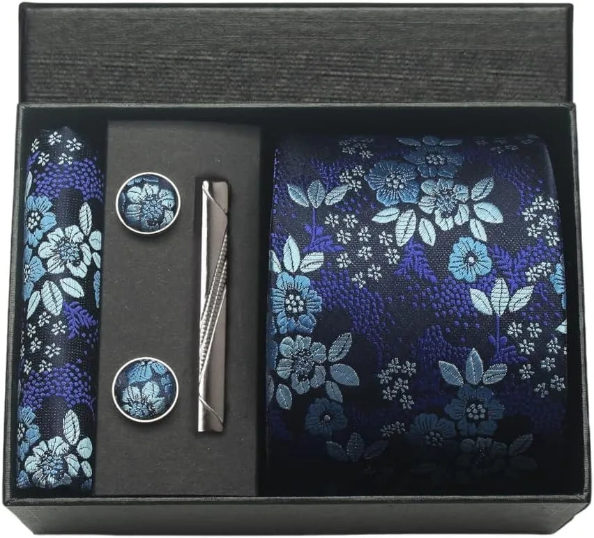 Luxury 100% Silk Paisley Floral Men’s Necktie Set | Business Tie with Matching Pocket Square & Formal Accessories